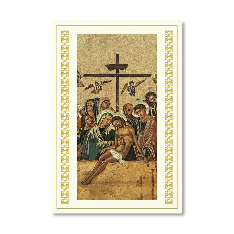 Biglietto in carta telata con applicazione dell'immaginetta dell'Icona della Deposizione di Cristo Biglietto in carta telata con applicazione dell'immaginetta dell'Icona della Deposizione di Cristo