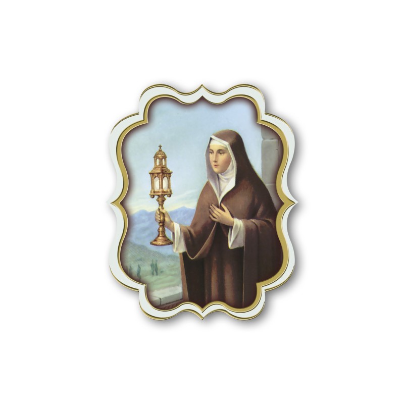 Cartoncini adesivi sagomati con cornice in oro a caldo di Santa Chiara