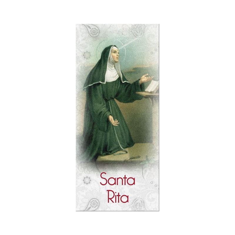 Segnalibro in pregiato cartoncino perlato di Santa Rita da Cascia con preghiera a retro Segnalibro in pregiato cartoncino perlato di Santa Rita da Cascia con preghiera a retro