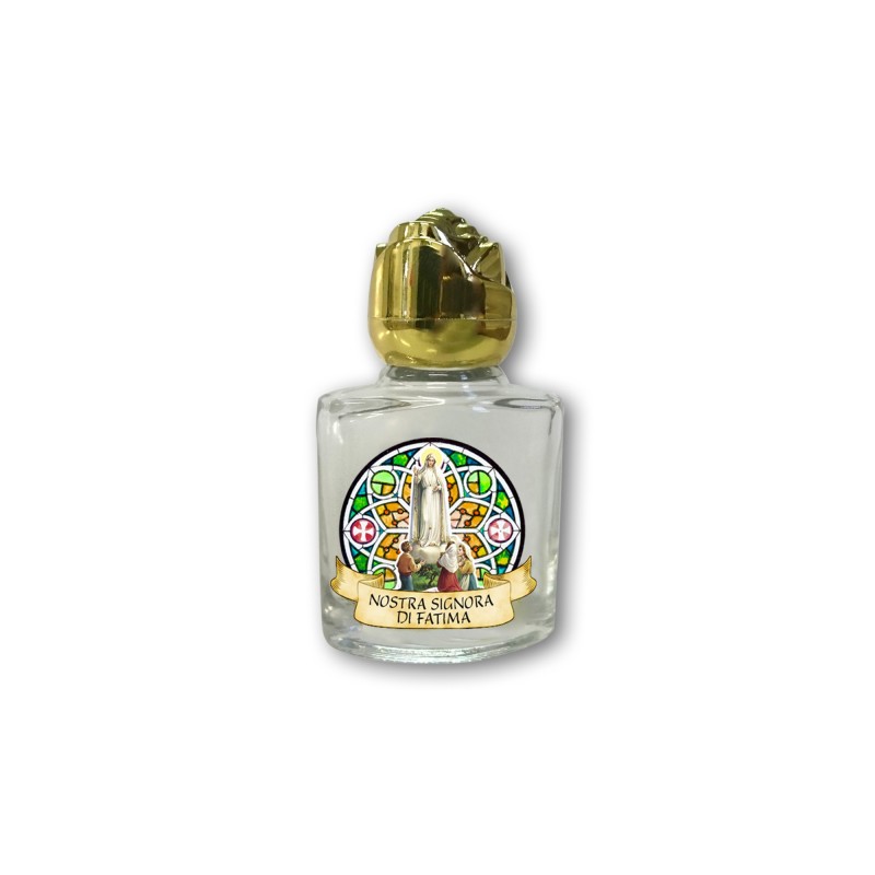 Bottiglietta da 10 ml in vetro con tappo dorato per Acqua Santa Madonna di Fatima con pargoli Bottiglietta da 10 ml in vetro con tappo dorato per Acqua Santa Madonna di Fatima con pargoli