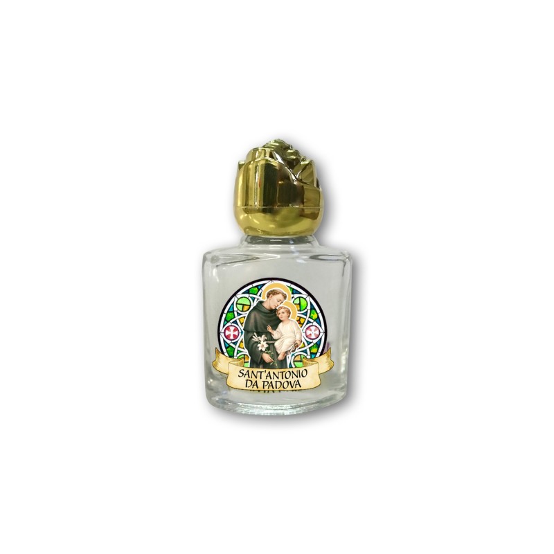 Bottiglietta da 10 ml in vetro con tappo dorato per Acqua Santa Sant'Antonio da Padova Bottiglietta da 10 ml in vetro con tappo dorato per Acqua Santa Sant'Antonio da Padova