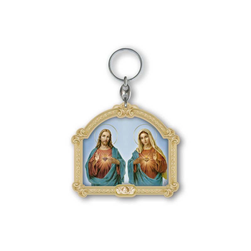 Portachiavi in legno del Sacro Cuore di Gesù e Cuore Immacolato di Maria