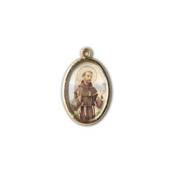 Medaglia ovale dorata double-face di San Francesco e Santa Chiara