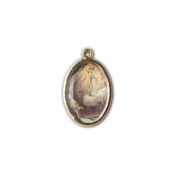 Medaglia ovale dorata double-face della Madonna di Lourdes e del Santuario