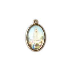 Medaglia ovale dorata double-face della Madonna di Fatima e del Santuario