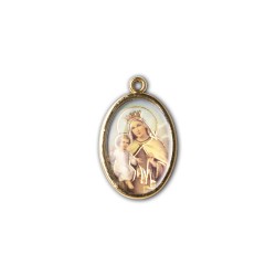 Medaglia ovale dorata double-face del Sacro Cuore di Gesù e della Madonna del Carmelo