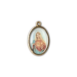 Medaglia ovale dorata double-face del Sacro Cuore di Gesù e del Cuore Immacolato di Maria