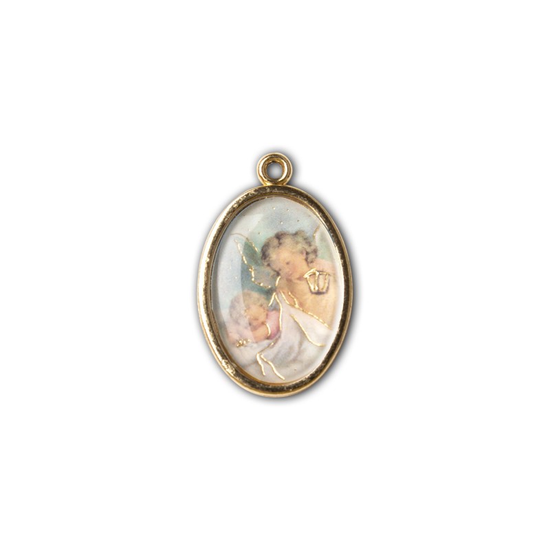 Medaglia ovale dorata double-face dell'Angelo con lanterna e del Battesimo Medaglia ovale dorata double-face dell'Angelo con lanterna e del Battesimo