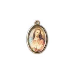 Medaglia ovale dorata double-face del Sacro Cuore di Gesù e della Madonna del Carmelo