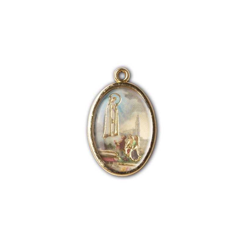 Medaglia ovale dorata double-face della Madonna di Fatima e del Santuario Medaglia ovale dorata double-face della Madonna di Fatima e del Santuario