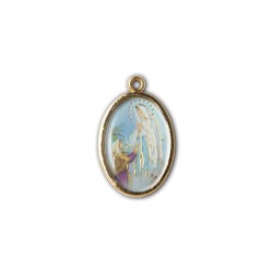 Medaglia ovale dorata double-face della Madonna di Lourdes e del Santuario