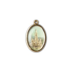 Medaglia ovale dorata double-face della Madonna di Lourdes e del Santuario