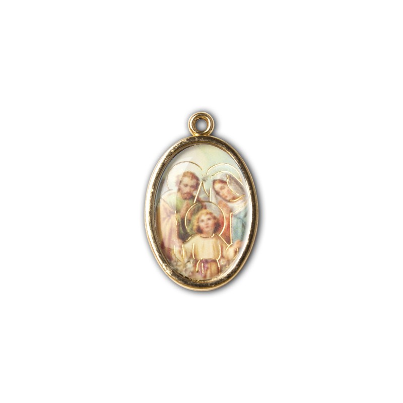 Medaglia ovale dorata double-face della Sacra Famiglia e di Sant'Anna
