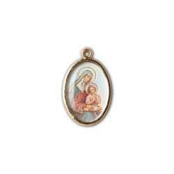 Medaglia ovale dorata double-face della Sacra Famiglia e di Sant'Anna