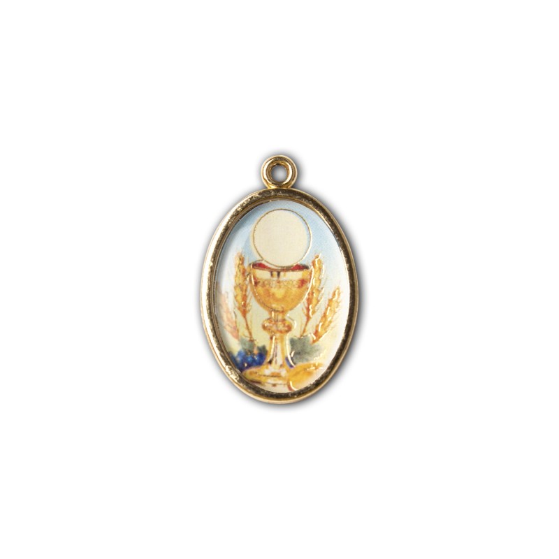 Medaglia ovale dorata double-face con i simboli eucaristici della Prima Comunione e dell'Ultima Cena Medaglia ovale dorata double-face con i simboli eucaristici della Prima Comunione e dell'Ultima Cena