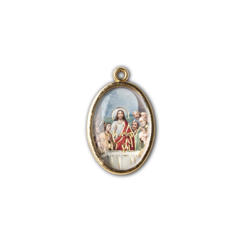 Medaglia ovale dorata double-face dell'Ultima Cena e dei simboli eucaristici della Cresima Medaglia ovale dorata double-face dell'Ultima Cena e dei simboli eucaristici della Cresima