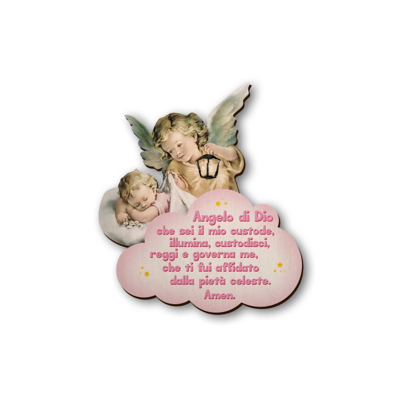 Quadretto in legno sagomato dell'Angelo con lanterna con preghiera Angelo di Dio su fondo rosa Quadretto in legno sagomato dell'Angelo con lanterna con preghiera Angelo di Dio su fondo rosa