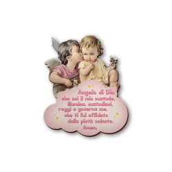 Quadretto in legno sagomato dell'Angelo del bacio con preghiera Angelo di Dio su fondo rosa