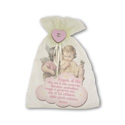 Quadretto in legno sagomato dell'Angelo del bacio con preghiera Angelo di Dio su fondo rosa