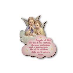Quadretto in legno sagomato del bambino in culla vegliato da due angeli con preghiera Angelo di Dio su fondo rosa