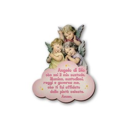 Quadretto in legno sagomato di tre angioletti in preghiera con preghiera Angelo di Dio su fondo rosa