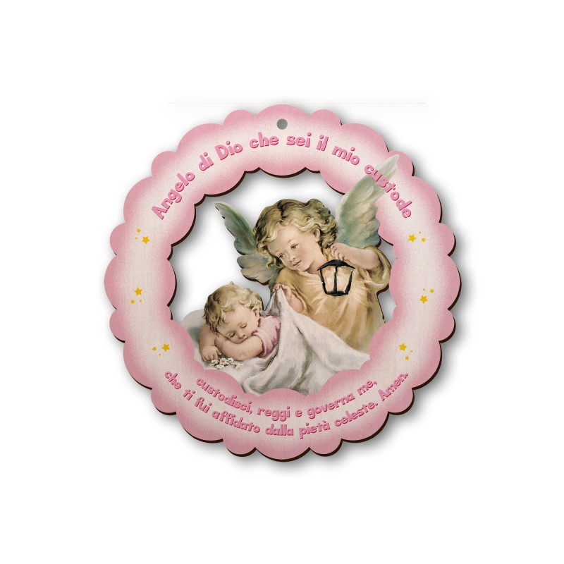 Ghirlanda in legno sagomato dell'Angelo con lanterna con preghiera Angelo di Dio su fondo rosa Ghirlanda in legno sagomato dell'Angelo con lanterna con preghiera Angelo di Dio su fondo rosa