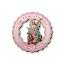 Ghirlanda in legno sagomato dell'Angelo sul ponte con preghiera Angelo di Dio su fondo rosa