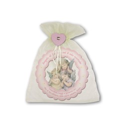 Ghirlanda in legno sagomato di tre angioletti in preghiera con preghiera Angelo di Dio su fondo rosa
