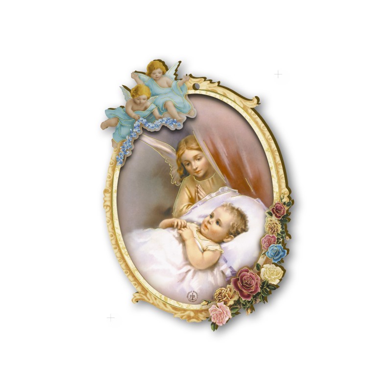 Quadretto sagomato in MDF con dettagli in oro a caldo di un bambino in culla vegliato da un angelo Quadretto sagomato in MDF con dettagli in oro a caldo di un bambino in culla vegliato da un angelo
