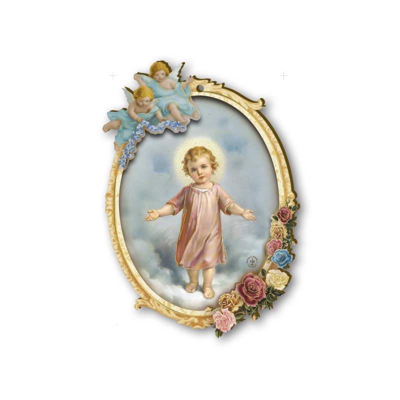 Quadretto sagomato in MDF con dettagli in oro a caldo di Gesù Bambino su una nuvola Quadretto sagomato in MDF con dettagli in oro a caldo di Gesù Bambino su una nuvola