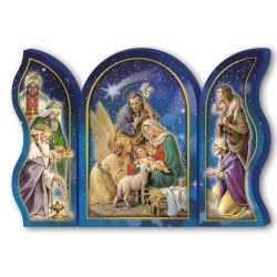 Polittico devozionale in legno della Sacra Famiglia con angelo e Re Magi