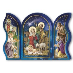 Polittico devozionale in legno della Sacra Famiglia con bue e asinello