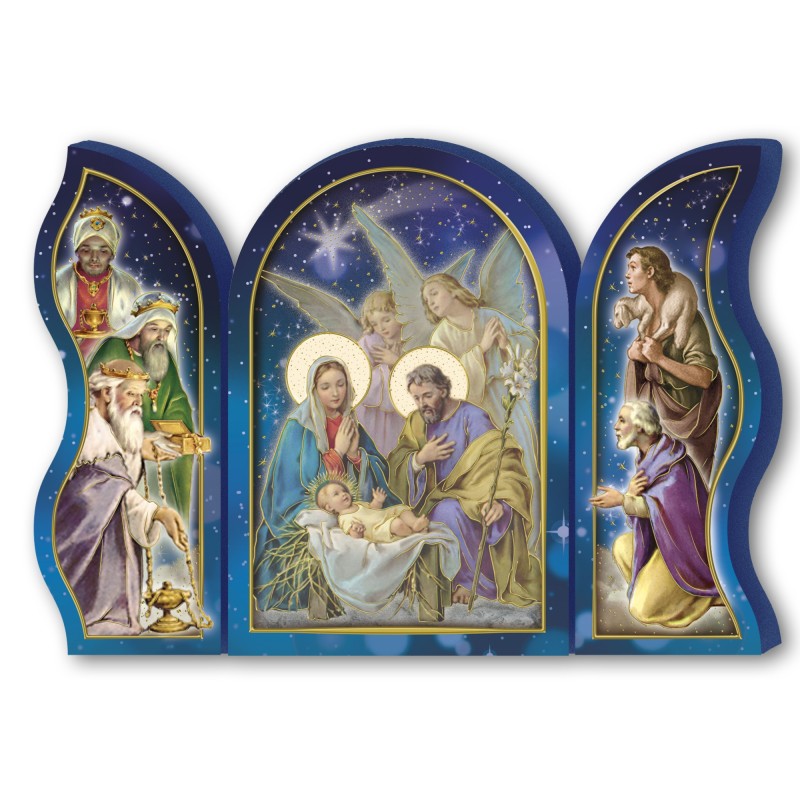 Polittico devozionale in legno della Sacra Famiglia con angeli e Re Magi Polittico devozionale in legno della Sacra Famiglia con angeli e Re Magi