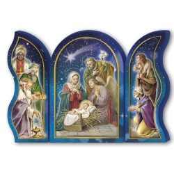 Polittico devozionale in legno della Sacra Famiglia con angelo e Re Magi