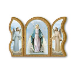 Trittico devozionale in legno della Madonna Miracolosa con medaglie