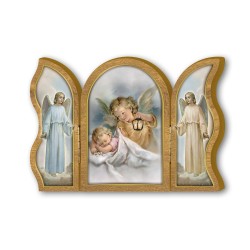 Trittico devozionale in legno dell'Angelo con lanterna