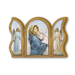 Trittico devozionale in legno della Madonna con bambino