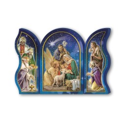 Trittico devozionale in legno della Sacra Famiglia con angelo e Re Magi