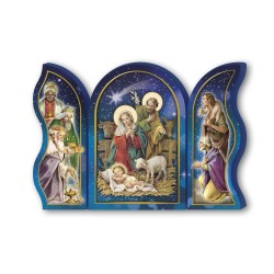 Trittico devozionale in legno della Sacra Famiglia con bue e asinello