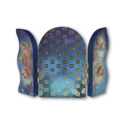 Trittico devozionale in legno della Sacra Famiglia con bue e asinello