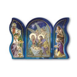 Trittico devozionale in legno della Sacra Famiglia con angeli e Re Magi