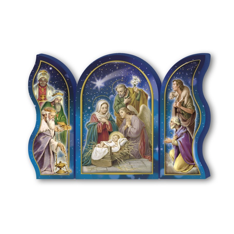 Trittico devozionale in legno della Sacra Famiglia con angelo e Re Magi Trittico devozionale in legno della Sacra Famiglia con angelo e Re Magi