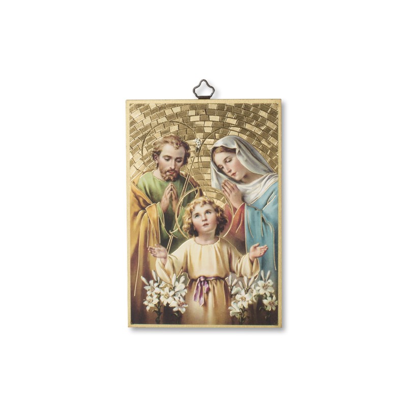 Quadretto in MDF con mosaico in lamina dorata della Sacra Famiglia Quadretto in MDF con mosaico in lamina dorata della Sacra Famiglia