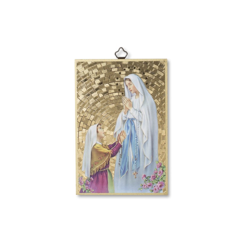 Quadretto in MDF con mosaico in lamina dorata della Madonna di Lourdes e Bernadette Quadretto in MDF con mosaico in lamina dorata della Madonna di Lourdes e Bernadette