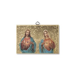 Quadretto in MDF con mosaico in lamina dorata con il Sacro Cuore di Gesù e il Cuore Immacolato di Maria