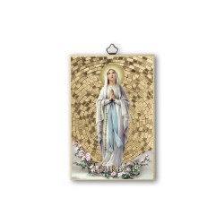 Quadretto in MDF con mosaico in lamina dorata della Madonna di Lourdes