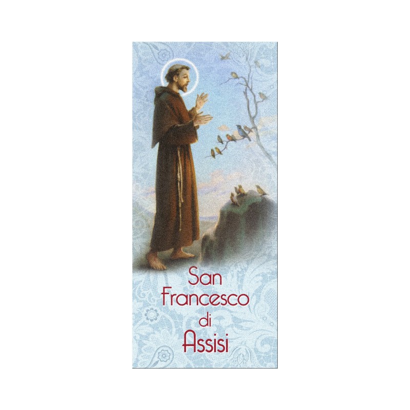 Segnalibro in pregiato cartoncino perlato di San Francesco d'Assisi con preghiera a retro Segnalibro in pregiato cartoncino perlato di San Francesco d'Assisi con preghiera a retro