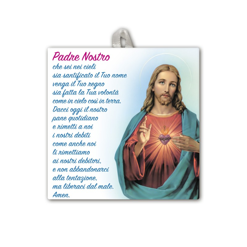 Piastrella del Sacro Cuore di Gesù 10 x 10 cm con occhiello in raso Piastrella del Sacro Cuore di Gesù 10 x 10 cm con occhiello in raso