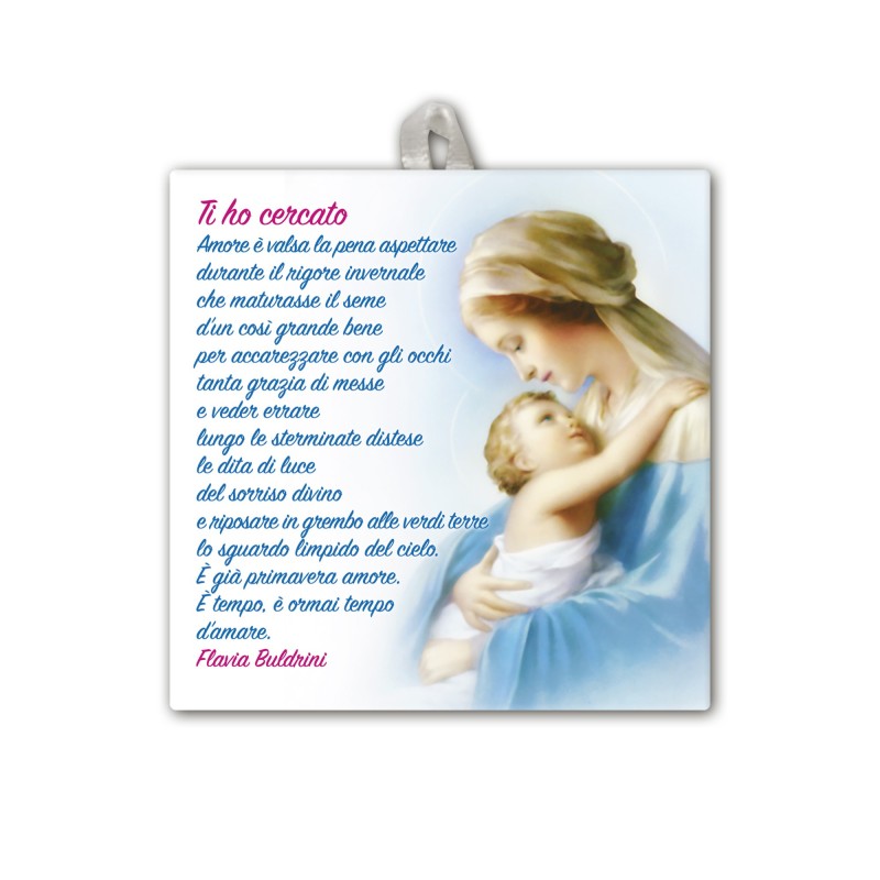 Piastrella della Madonna con bambino 10 x 10 cm con occhiello in raso Piastrella della Madonna con bambino 10 x 10 cm con occhiello in raso