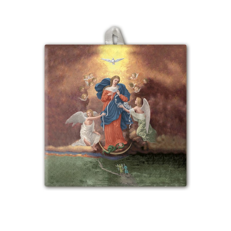 Piastrella di Maria che scioglie i nodi 10 x 10 cm con occhiello in raso Piastrella di Maria che scioglie i nodi 10 x 10 cm con occhiello in raso